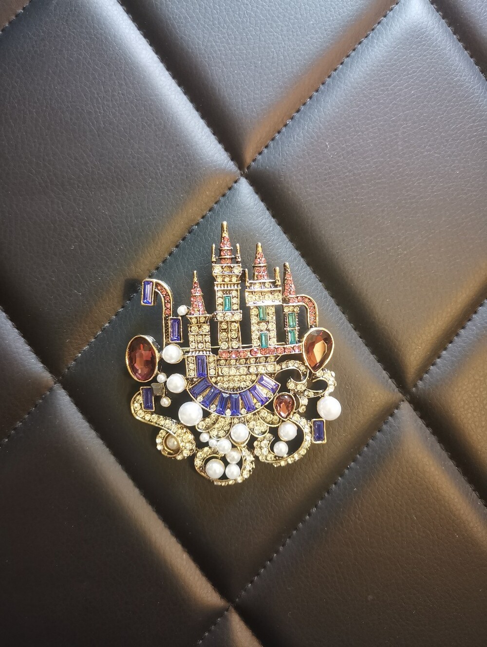 Rhinestone castle brooch, pearl castle brooch, fairy castle brooch,